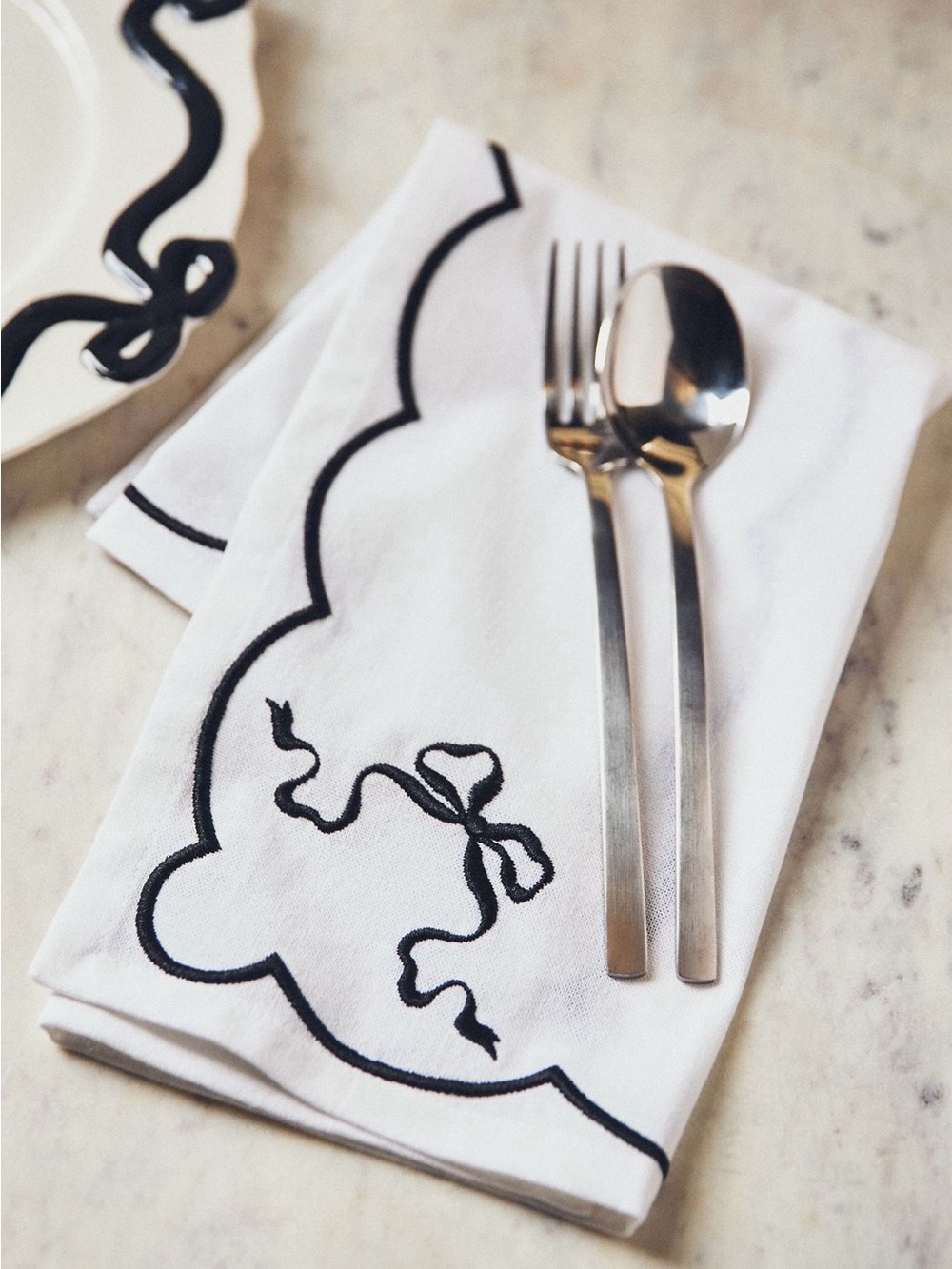 Anthropologie Benedita Bow Cotton Embroidered Napkins, Set of 4, Black & White